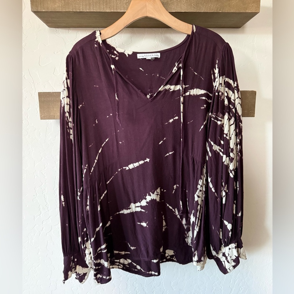 Young Fabulous & Broke|Plum & tan Tie-Dye V-Neck balloon sleeve blouse•••LARGE - Picture 3 of 10